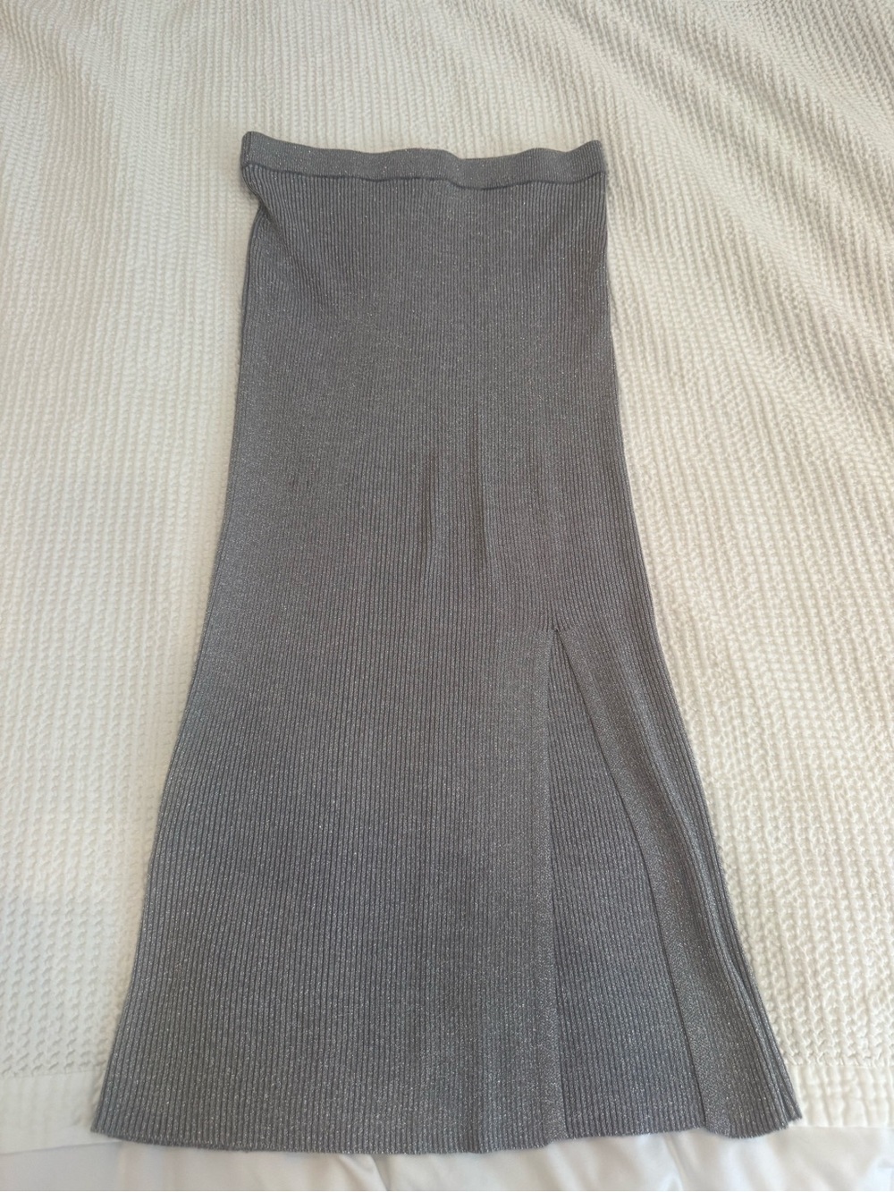 Zara Gray Ribbed Knit A-Line Midi Skirt with Side Slit